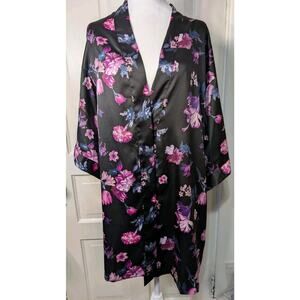 Victoria Secret Black Satin Floral Kimono Robe Pockets Women's Size M/L(830)